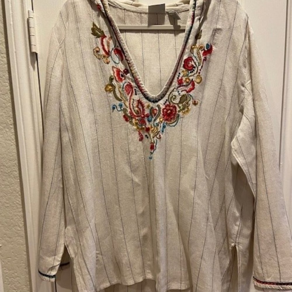 EUC Chicos Embroidered Linen Hooded Tunic Sz 3